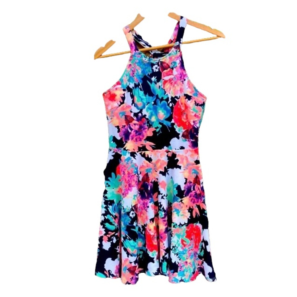 Aqua A-line sundress floral pattern with bright pops of color, Size M D28